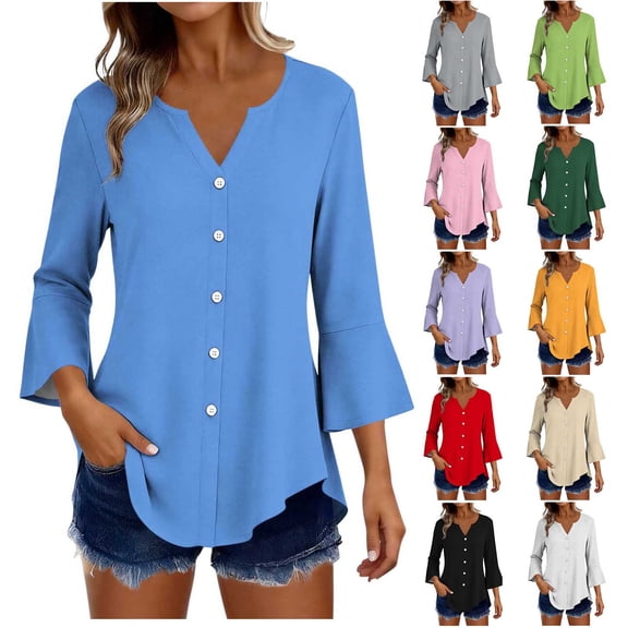 TAGOLD Womens 3/4 Sleeve V-Neck Blouses & Shirts Ruffle Hem Button Closure Loose V Neck Summer Top