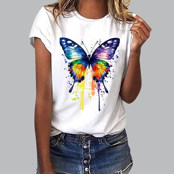 Homenesgenics Womens Tops Plus Size 4x 5x Short-Sleeve Printed Round-Neck Summer T-Shirts Casual Tee White S