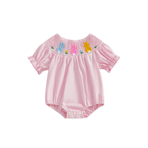 Baby Girl Easter Bubble Romper Ruffles Flower Bunny Embroidery Smocked Short Sleeve Bodysuit Newborn Clothes