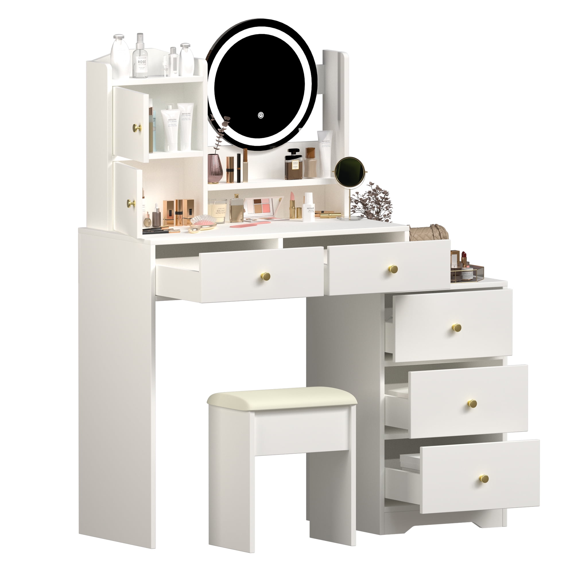 Makeup Vanity Desk with Mirror and Lights Dressing Table with 5 Drawers Bedroom Storage Cabinet