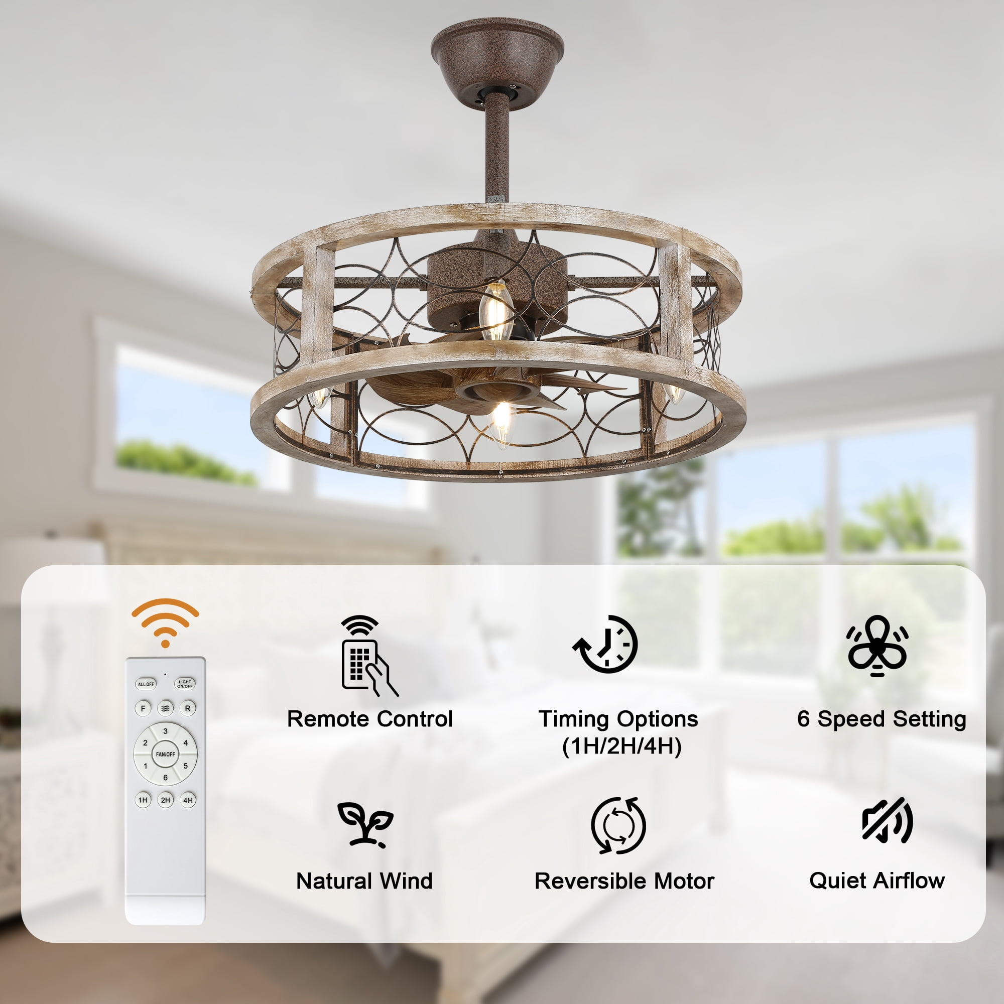 Bella Depot 18" Rustic Wood Caged Ceiling Fan with Light and Remote Control, 6-speed Farmhouse Chandelier