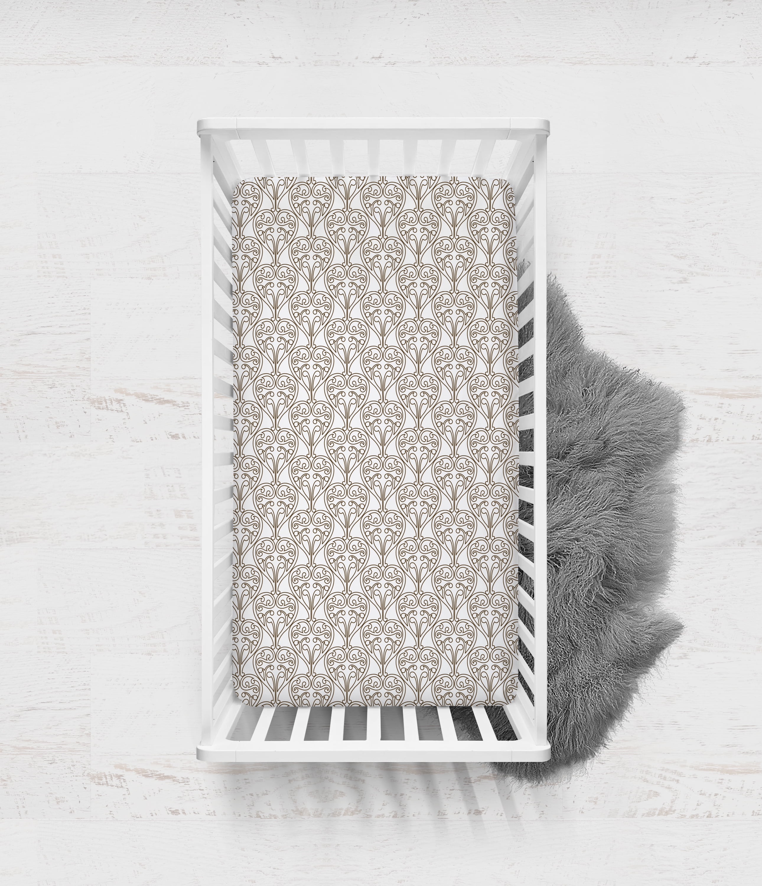 Bacati - Damask Crib/Toddler Bed Fitted Sheets 100% Cotton Percale, White/Choc, 2-Pack