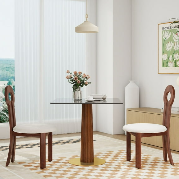 Dining Table Sets Modern Square Dining Table, 33.5" Tempered Glass Table with Wooden Leg & Gold Base, 2 - Person Kitchen Table for Small Space, 150lbs Weight Capacity(Only the Negotiation Table),Mode