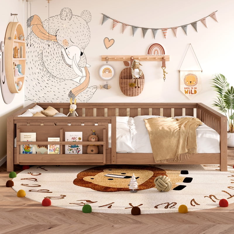 Bellemave Queen Size Floor Bed with Bookshelf, Wood Montessori Beds with Slats and Safety Guardrail, Low Profile Queen Bed Frame with Fence, No Box Spring Needed (Natural)