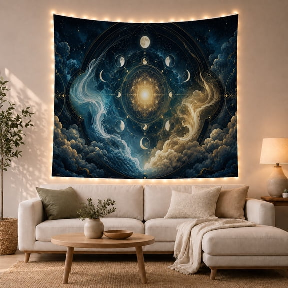 Cosmic Sun and Sacred Geometry Mandala in Starry Night Sky, Mystical Celestial for Space Lovers, Mystical Wall Art, Birthday Gift Tapestry Wall Hanging for Bedroom and Living Room