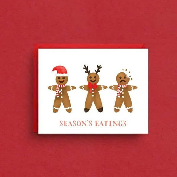 Season's Eatings Gingerbread Card – Festive Holiday Greeting Card with Cute Gingerbread Characters – Blank Inside, Perfect for Christmas Wishes or Foodie Friends