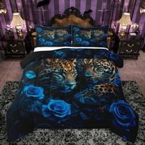 Feelyou 3D Leopard Cheetah Bedding Comforter Set for Couple, Mystic Blue Rose Twin Comforter Sets, Romantic Couple Animal Reversible Bedding Set, Ultra Soft Bedroom Decor, 2 Pieces