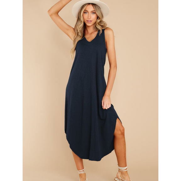 SIEANE Women's Sleeveless Long Dress V Neck Loose Curved Slit Hem Long Maxi Dress