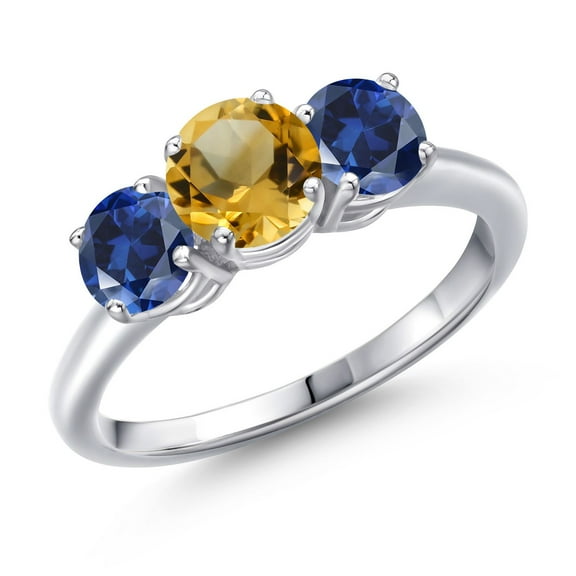 Gem Stone King 925 Sterling Silver Yellow Citrine and Blue Created Sapphire Engagement Ring for Women | 2.00 Cttw | Round 6MM | Gemstone November Birthstone | Size 9