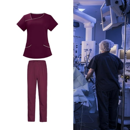 

Men Women Scrubs Set Elastic Scrubs Top and Pants for Cosmetology Veterinary L Dark Red