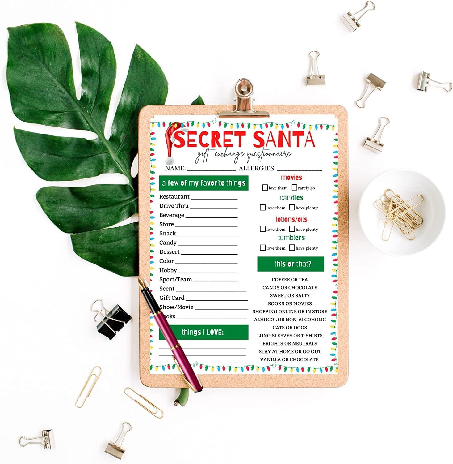 Secret Santa Christmas Questionnaire Sheets Gift Exchange
