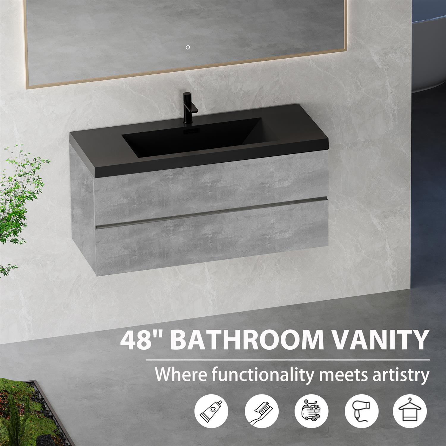 Demi Bonn 47" Floating Bathroom Vanity with Sink, Black Quartz Sand Top Basin and 2 Soft Close Drawers, Faucets and Drains Not Included, Gray