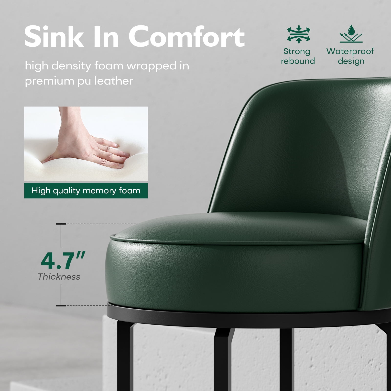 Genpo Bar Stools Set of 6, 26 inch Counter Height Bar Stools, Swivel Green Leather Barstools with Backs, Round Base, Footrest, Metal Legs for Kitchen Island