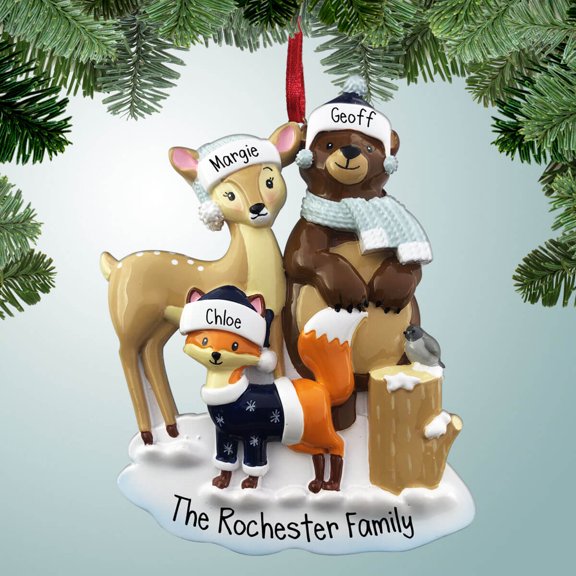 Woodland Animals Family - 3 - Personalized Christmas Ornaments - Family of 3,4,5,6 - Forest Critters and Creatures - Great Gift Ideas