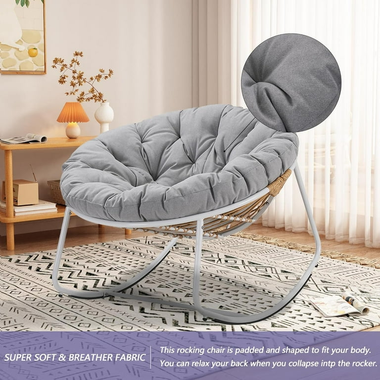 Outdoor Round Rocking Chair - Oversized Papasan Egg Chair With Beige Cushion For Patio & Living Room