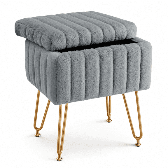 Sherpa Storage Ottoman Footstool with Gold Metal Legs, Fluffy Faux Fur Vanity Stool Chair, Small Soft Padded Makeup Seat for Living Room, Bedroom, Dressing Room