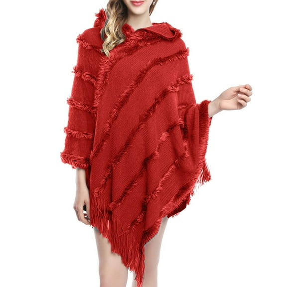 Otqutp Ladies Warm Neck Warmer Women Solid Poncho with Tassels Knitted Shawl Scarf Fringed Wrap Sweater Pullover Cape Gifts for Women(Red,One Size)