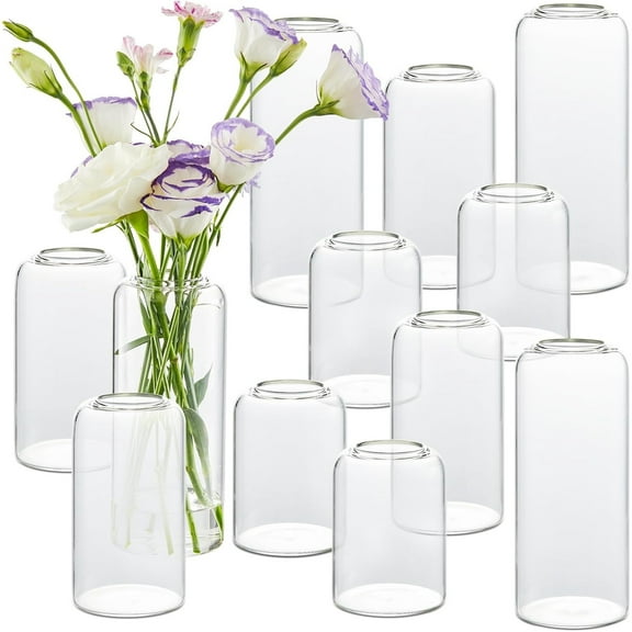 Bud Vases in Bulk Set of 12, Glass Small Vases for Flowers, Modern Cylinder Flower Vases for Wedding Centerpiece, Living Room Decorative, Home Decor