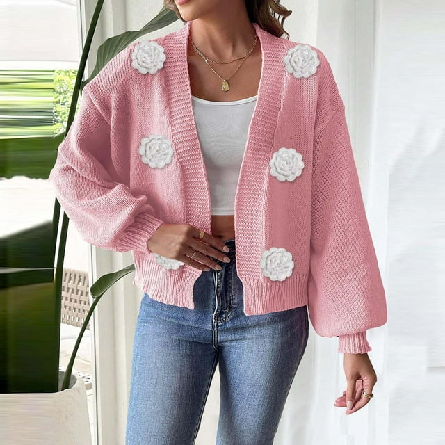 HongQid Women's Cropped Cardigan Fall Sweaters V Neck Long Sleeve Cardigans Knit Outwear
