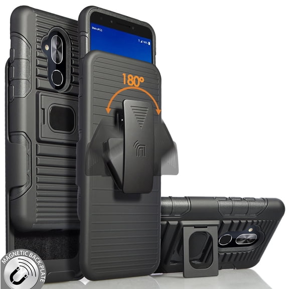 Case with Clip for Alcatel 7, Nakedcellphone Black Ring Grip Cover   Belt Hip Holster Stand [with Built-In Mounting Plate] for Alcatel 7 | Alcatel 7 Folio | Revvl 2 Plus