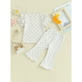 thumbnail image 3 of Toddler Baby Girls Summer Outfits Checkerboard Print Crew Neck Short Sleeve T-Shirts and Elastic Waist Flare Pants Set, 3 of 7