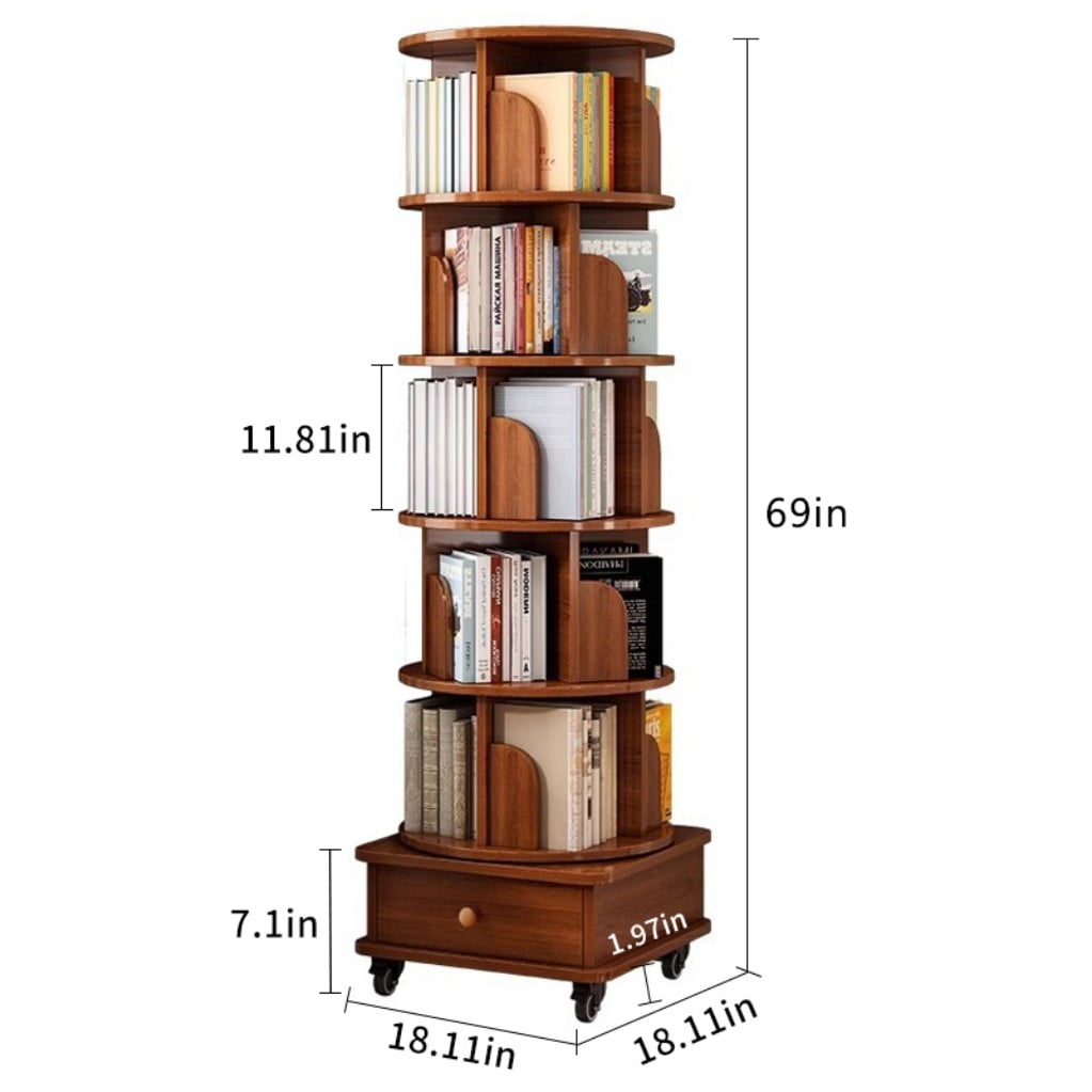 6-Tier Rotating Bookshelf with Wheels, 360° Spinning Corner Bookcase, Modular Space-Saving Storage Rack for Small Spaces, Bedroom, Living Room, Walnut Brown