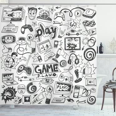Video Games Shower Curtain, Gaming Theme Sketch Style Print, Fabric Bathroom Decor Set with Hooks, 70 Inches Long, by Ambesonne