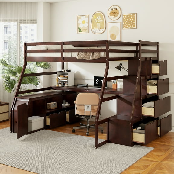 New Full Size Loft Bed with 7 Drawers 2 Shelves and Desk - Espresso