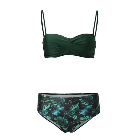 2 Piece Pleats Suit - Women Print Pleated Padded Two Pieces Bathing Suit Bikini Set