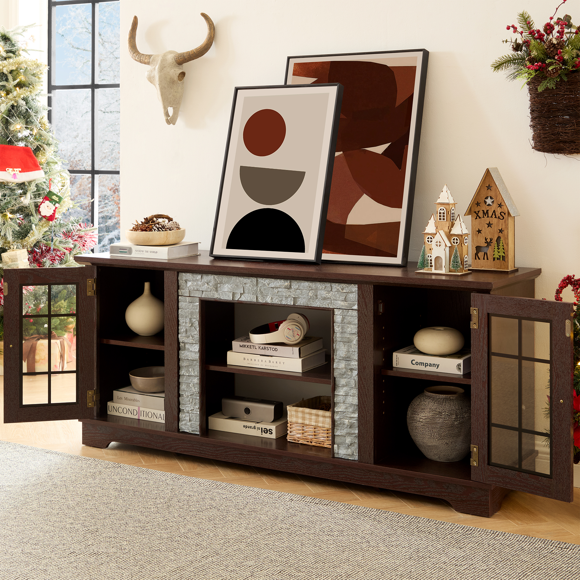 HIUU Farmhouse TV Stand with Storage,Modern TV Consoles for Living Room,Entertainment Stand,Faux Stone Entertainment Center for 65 Inch TVs(Cherry)