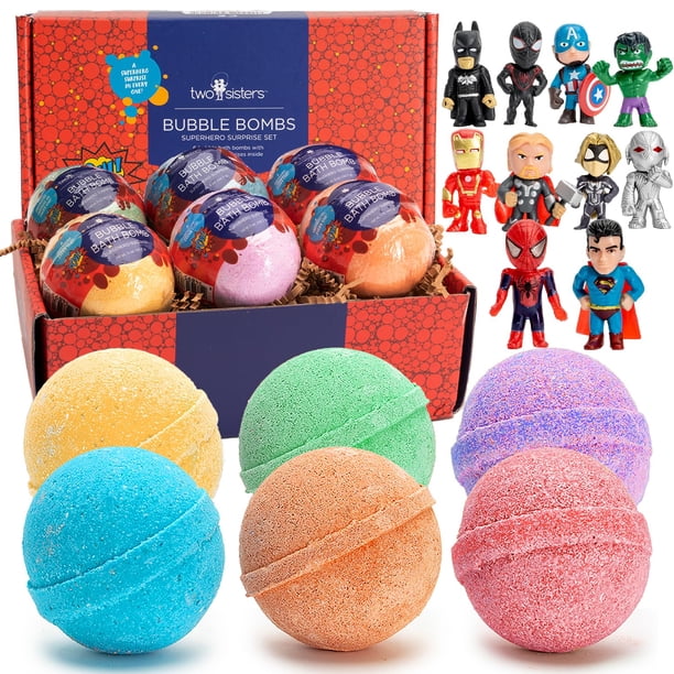 Bombas de baño de superhéroe para niños con juguete sorpresa en el interior Paquete de 6 bombas de burbujas Fizzies Aromas frutales Aromas relajantes Hecho en EE. UU. Regalo de cumpleaños ideal para n
