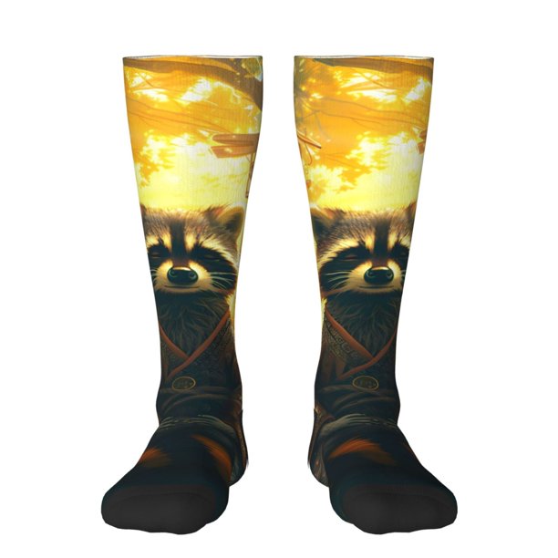 Fotbe Tree Meditating Raccoon Calcetas Divertidas Estampadas para Hombre y Mujer, Calcetas de Algodón hasta la Rodilla para Caminar, Correr, Enfermería y Embarazo