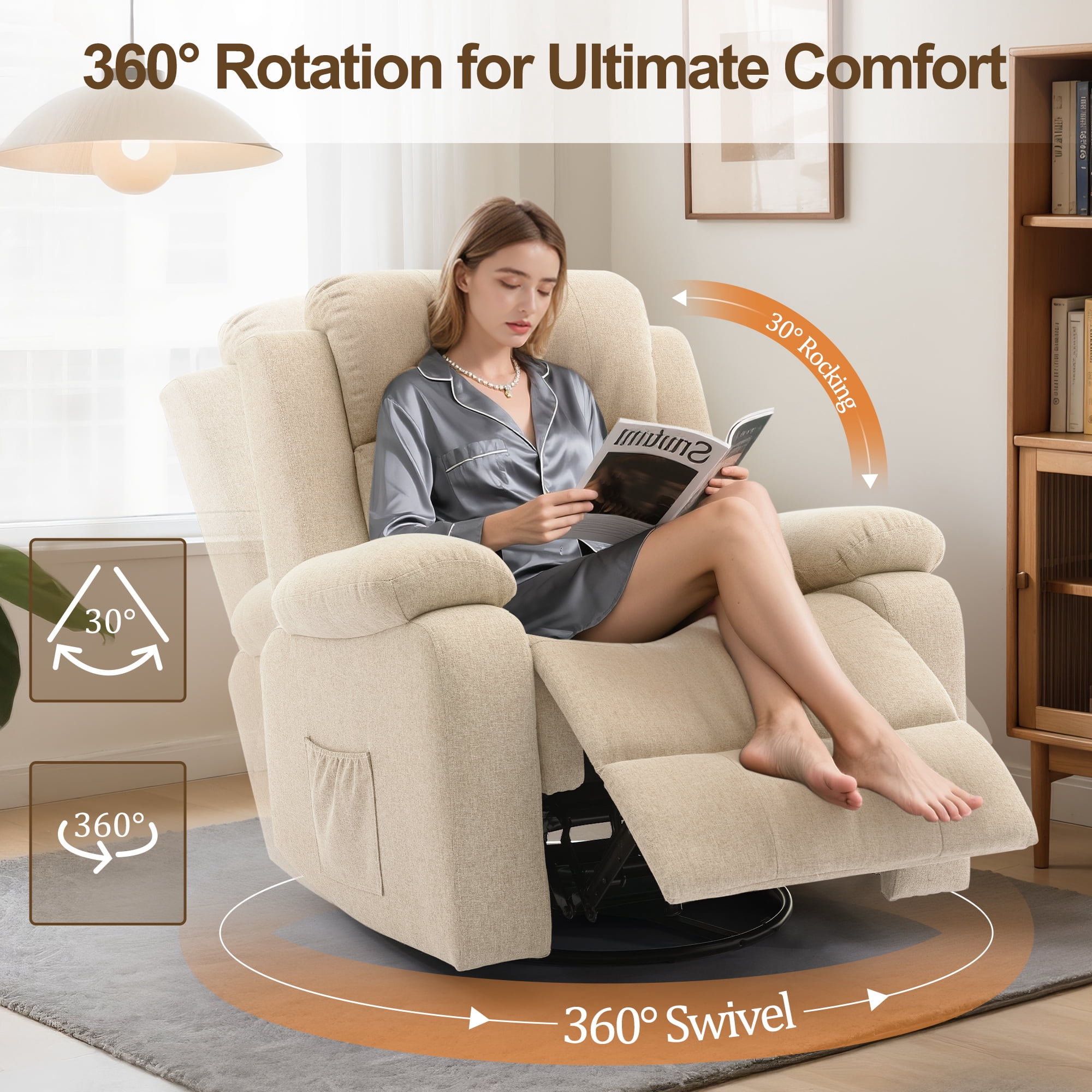 Korser Swivel Rocker Recliner Chair for Adults with Massage and Heat,Upholstered Manual Recliner with Side Pockets Glider Recliner for Living Room,Linen,Beige