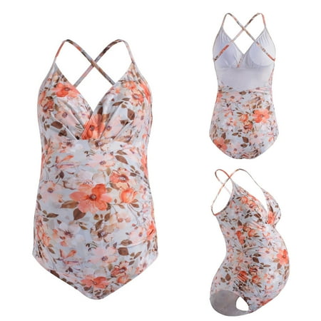 Jacenvly 2024 Maternity Swimwear One Piece Clearance Soft Satiny Summer Pregnant Women Print Bikini-Piece Plus Size Swimsuit Multicolor V-Neck Casual Swimsuit Motherhood Orange