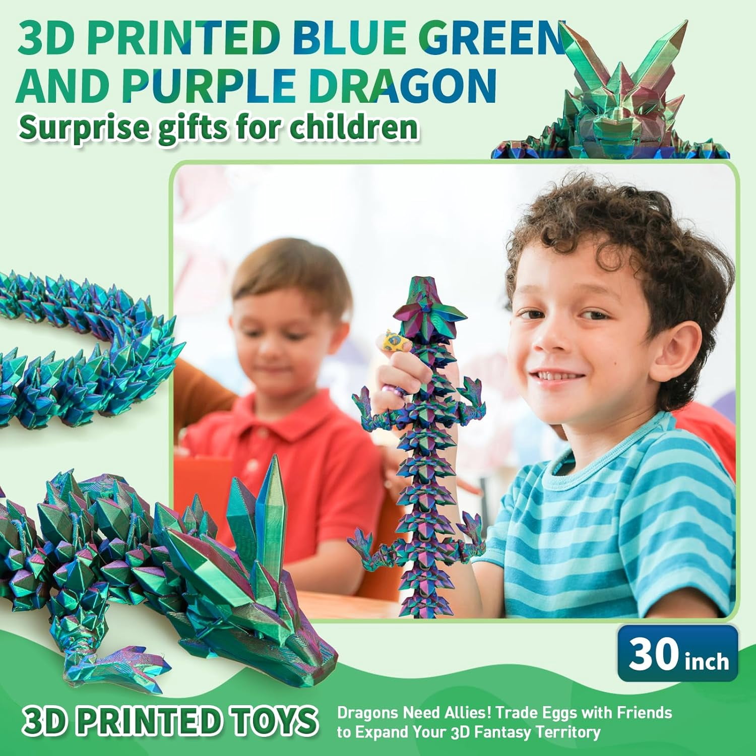 3D Printed Dragon - 30 inch Large Pearly Sheen Articulated Dragon, Mystery Easter Crystal Animals Fidget Toy(Blue Green Purple)
