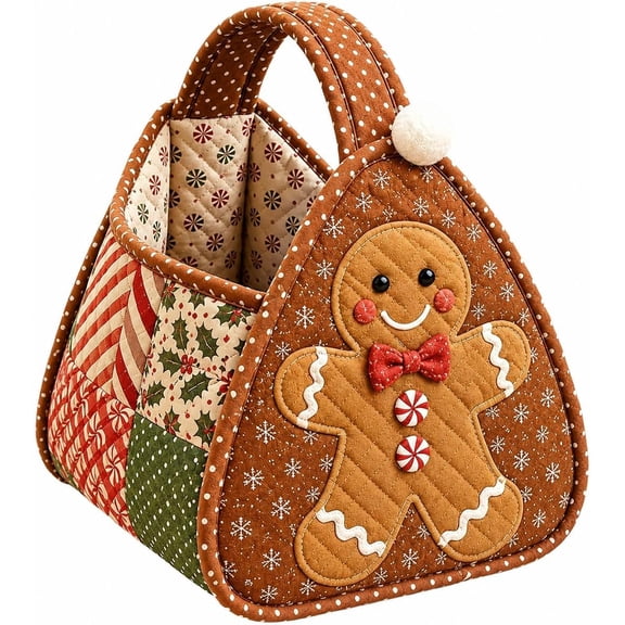 Christmas Quilted Carry Basket Sewing Kit, Fabric Storage Basket DIY Craft Kit with Gingerbread Man, Holiday Organizer Bag for Christmas Home Decor and Handmade Sewing Project