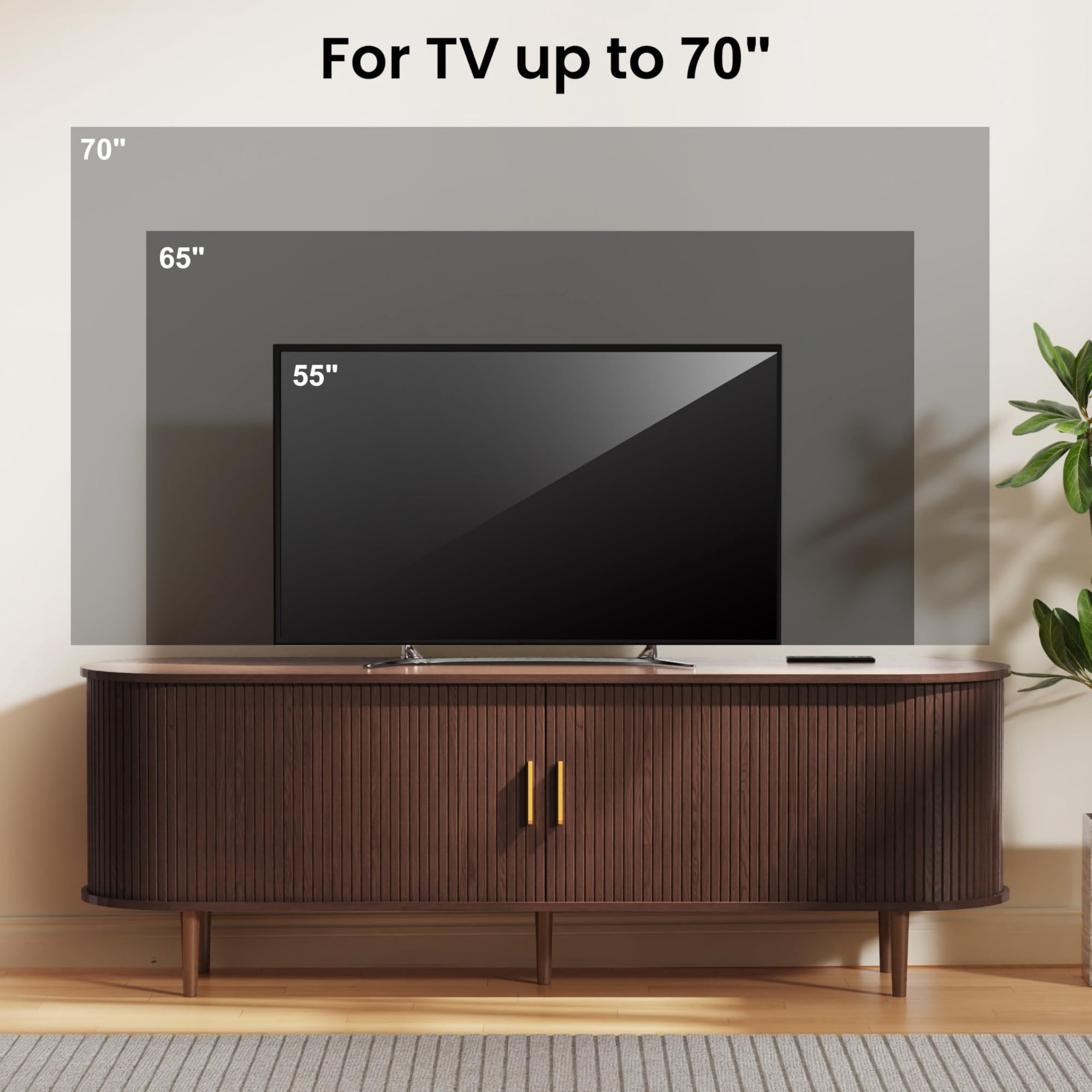 63 Inch Mid Century Modern TV Stand with Power Outlet, Fluted Media Console with Sliding Doors for TVs up to 70 Inch, Walnut