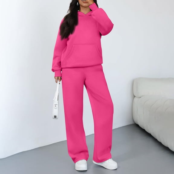 Kixjoy Sweat Suits for Womens 2 Piece Plus Size Hoodies and Pants 2 Piece Long Sleeve Workout Casual Sweatsuit Plain Warm Winter Outfits for Women with pockets, Hot Pink M