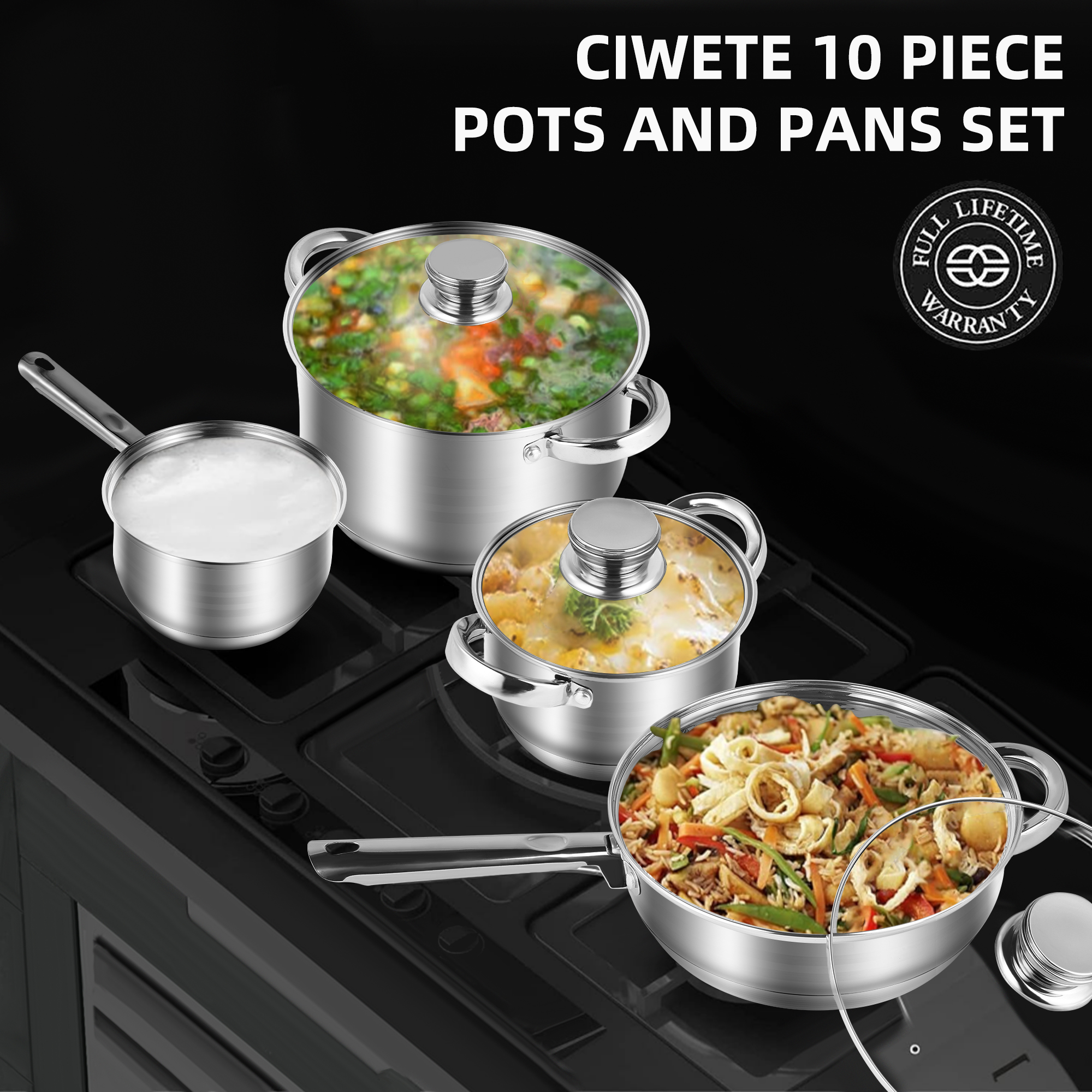 Caannasweis 12 Pieces Stainless Steel Cookware Sets Induction Pots and Pans