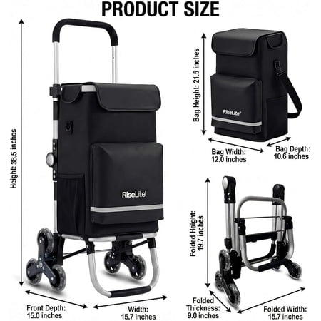 Stair Climbing Shopping Cart for Seniors, Tri-Wheel Grocery Trolley with Insulated Cooler & Adjustable Handle, 110 lbs Capacity Waterproof Foldable Utility Hand Truck