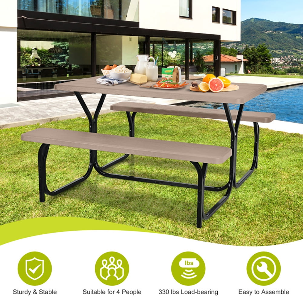 Aimee Lii HDPE Outdoor Picnic Table Bench Set with Metal Base, Outdoor Furniture Set, Coffee