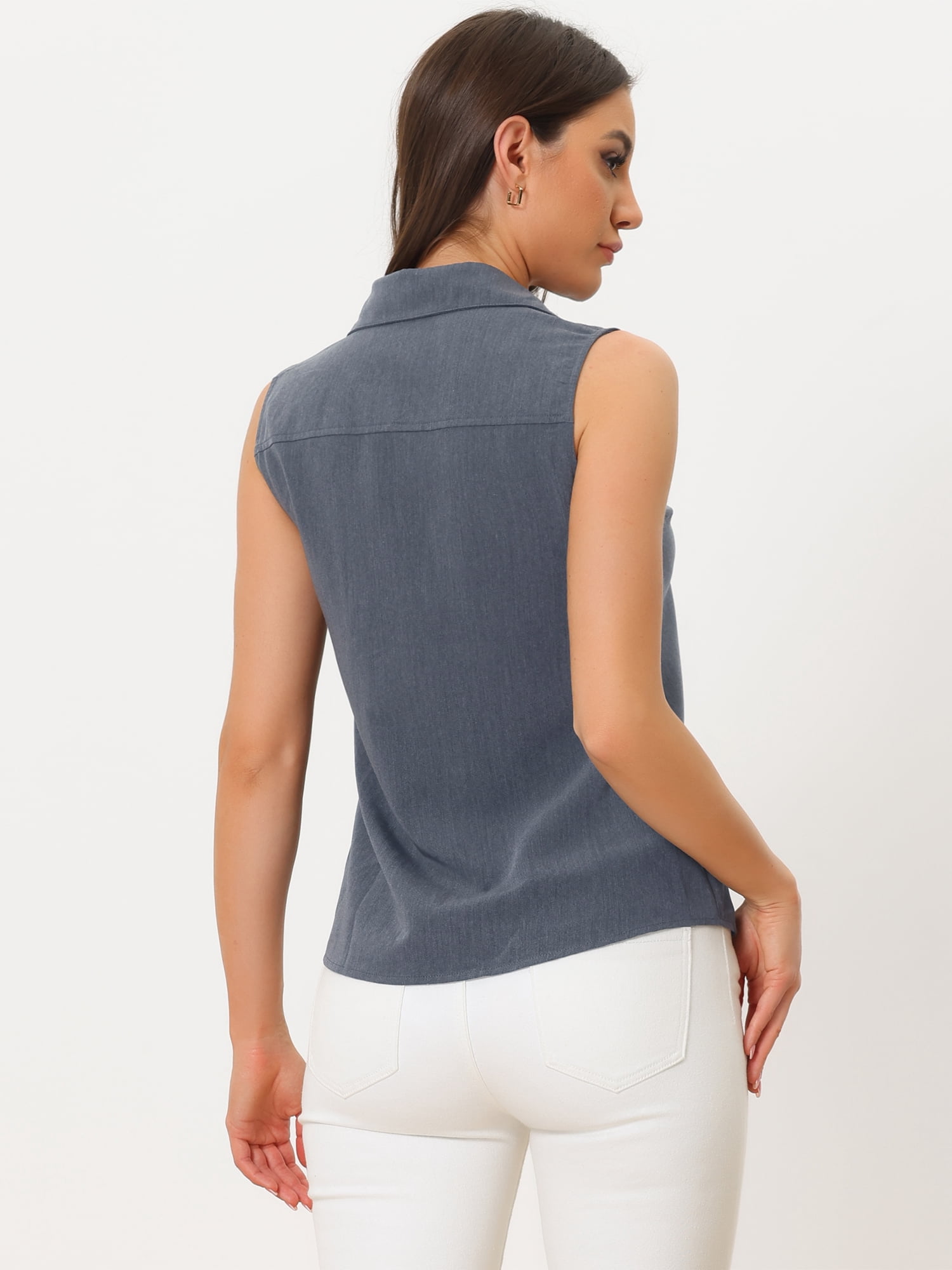 DARING DIVA Women's Sleeveless Lapel V Neck Chambray Tunic Denim Tops M Dark Blue
