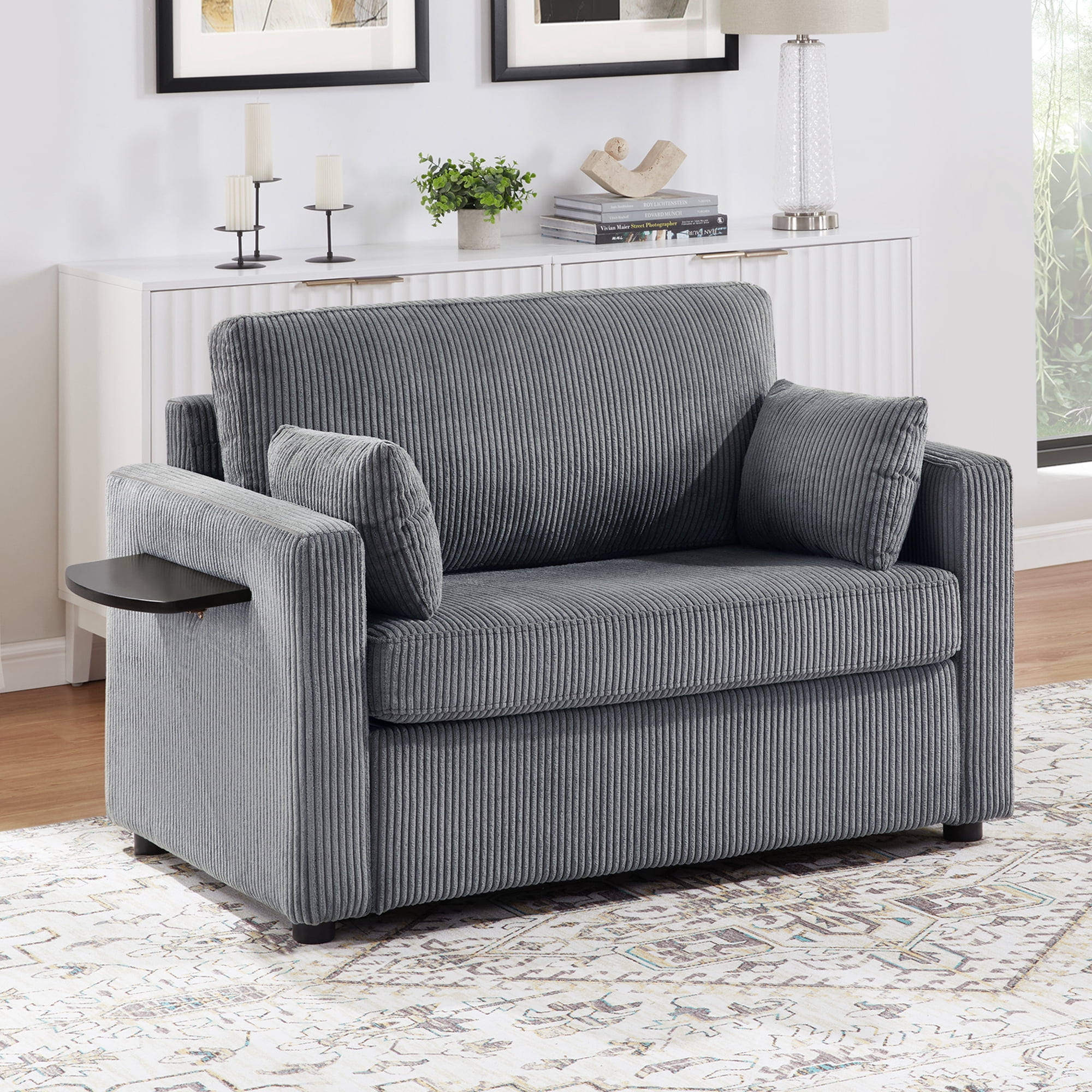 Harper & Bright Designs Pull Out Couch Bed with Mattress, Twin Size Convertible Sofa Bed with Foldable Side Table, Loveseat Sleeper for Living Room Apartment, Gray
