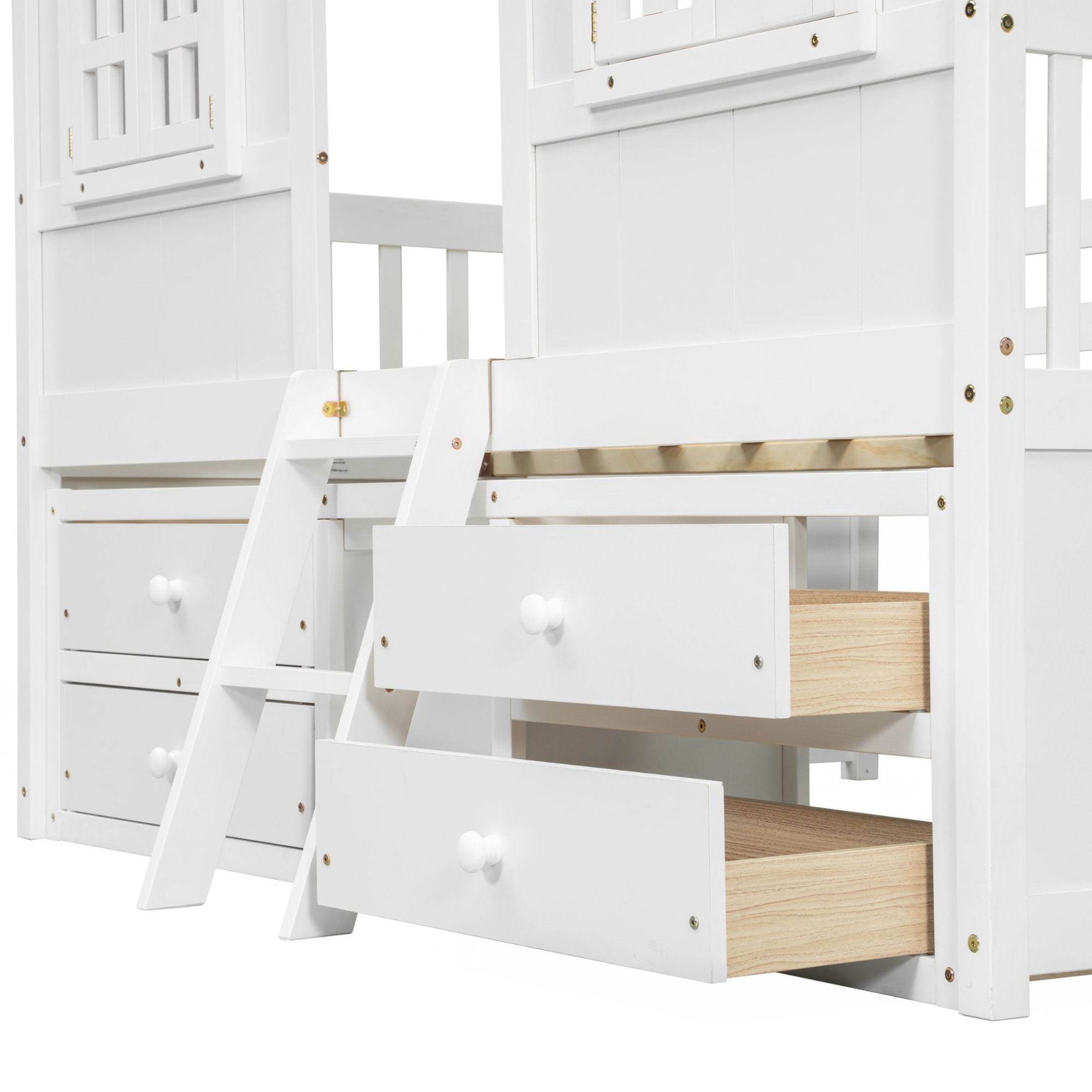 Noble House Full Size House Loft Bed, Pine Wood Frame with Roof, Windows, Ladder, and Storage Drawers, White