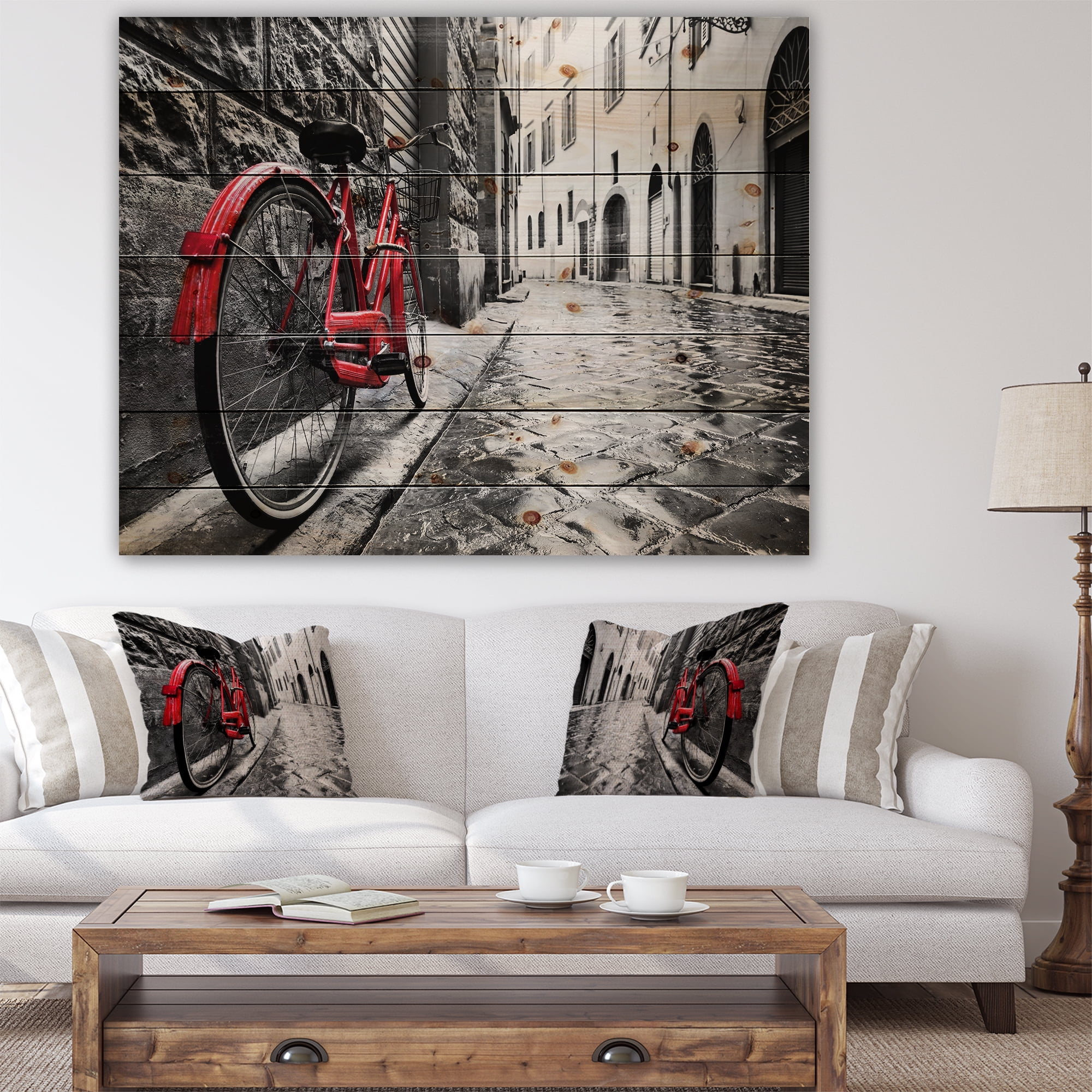 Designart 'Retro Vintage Red Bike' Cityscape Photo Print on Natural Pine Wood
