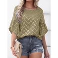 thumbnail image 5 of Tops de media manga con volantes para mujer, Camiseta holgada informal con cuello redondo, camisetas con estampado a cuadros a rayas para primavera y verano 2023, 5 of 5
