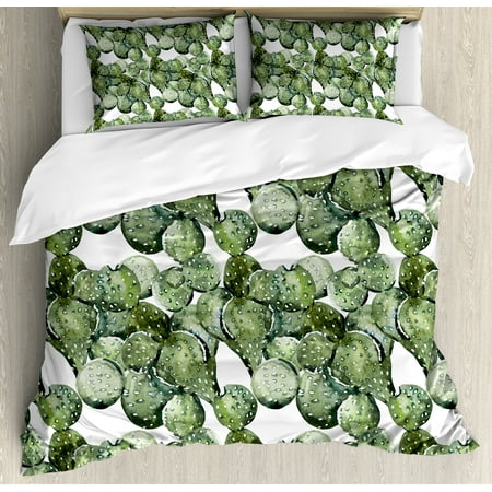Tropical Queen Bedding Sets Cactus Queen Size Duvet Cover Set, Botany Themed Plants Opuntia Plants Prickly Pear Watercolor Drawing Effect Tropical, Decorative 3 Piece Bedding Set with 2 Pillow Shams, Green White, by Ambesonne ()