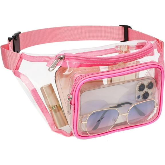 Clear Fanny Pack Stadium Approved - Adjustable Belt Bag for Women Men Fits Sport Events, Travel, Beach, Concerts, Transparent Stadium Waist Bag, Pink
