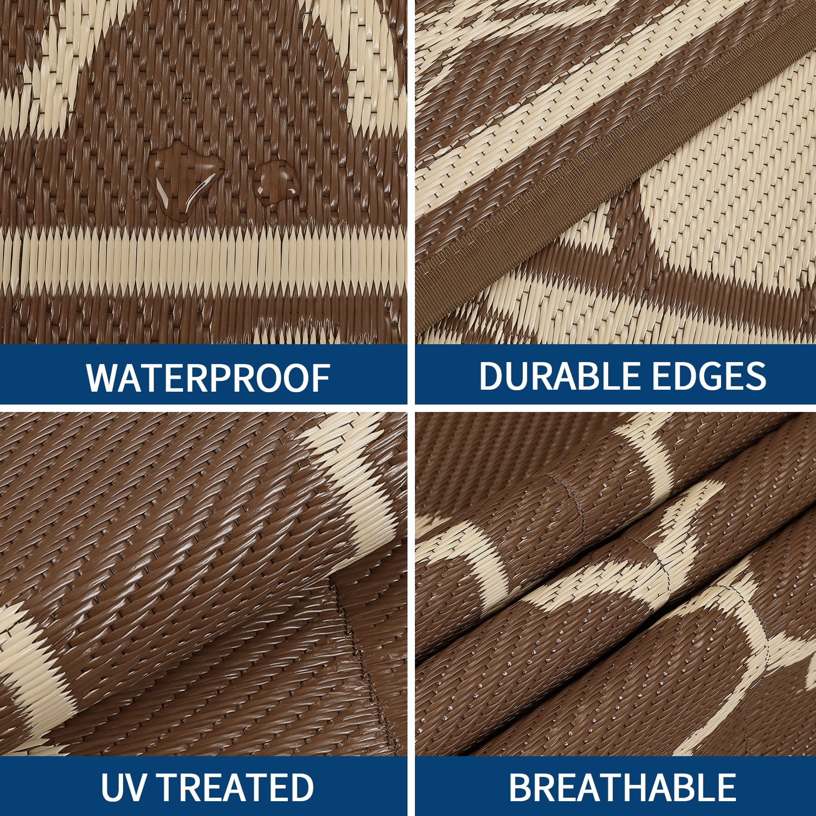 HIWEAVER 10' x 20' Brown Outdoor Rug PP Plastic Straw Woven Waterproof Patio Rug with Border Portable Outside Carpet for Balcony Deck Picnic Garden Decor