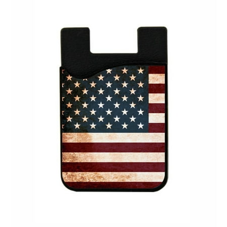 Grungy American Flag  - Stick On Adhesive Black Silicon Card Holder/ Pocket for Cell Phones